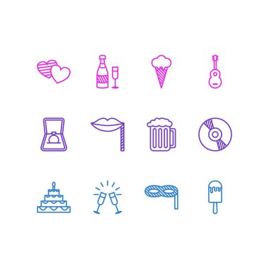 12 ziyafet ikonu çizgisi biçiminin vektör illüstrasyonu. Düzenlenebilir dondurma seti, maskeli balo, şerbet ve diğer simge elementleri.