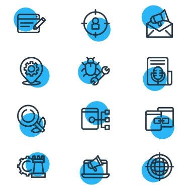 12 reklam simgesi çizgi tarzının vektör illüstrasyonu. Düzenlenebilir oyun geliştirme seti, sitemap, basın açıklaması ve diğer simge ögeleri.