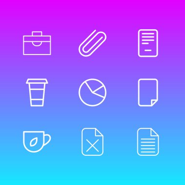 9 ofis simgesi çizgisi biçiminin vektör illüstrasyonu. Düzenlenebilir pasta grafiği, evrak çantası, belge ve diğer simge ögeleri kümesi.