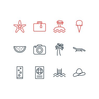 12 sezon simge çizgisi tarzının vektör illüstrasyonu. Düzenlenebilir havuz, pasaport, karpuz ve diğer simge elementleri.