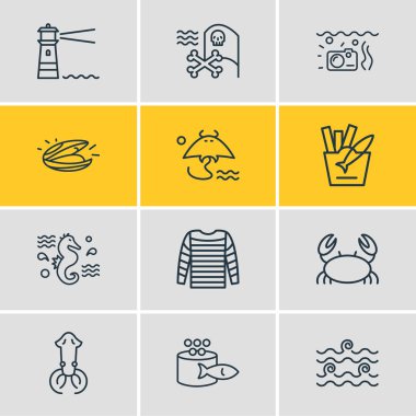 12 deniz ikonu çizgi tarzının vektör çizimi. Düzenlenebilir korsan bayrağı, mürekkep balığı, dalga ve diğer simge elementleri..