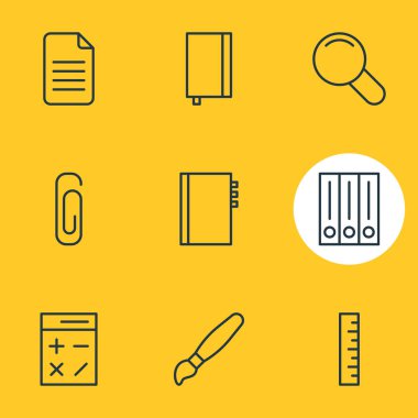 9 araç simgesi çizgi biçiminin gösterimi. Düzenlenebilir kitaplık, defter, klip ve diğer simge ögeleri kümesi.