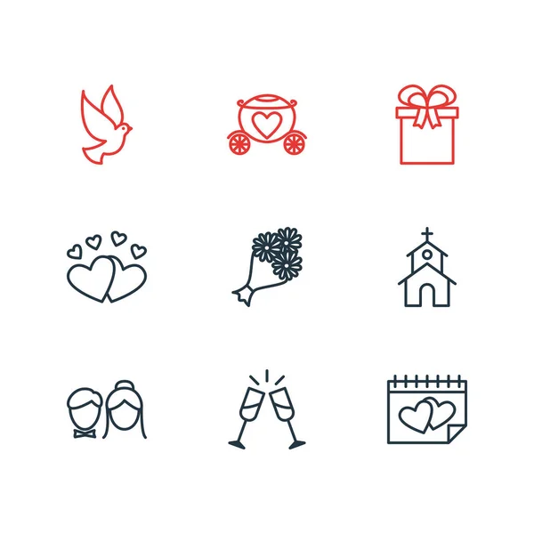 Ilustración vectorial de 9 iconos del matrimonio estilo de línea. Conjunto editable de paloma, brougham, iglesia y otros elementos del icono . — Archivo Imágenes Vectoriales