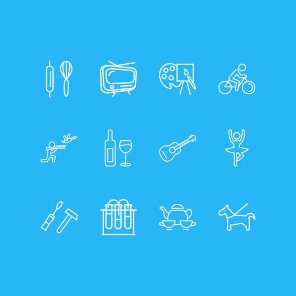 Ілюстрація 12 розважальних іконок стилю лінії. Елегантний набір велосипедів, балету, домашніх тварин та інших елементів піктограм . — стокове фото