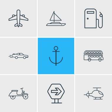 Simge çizgisi tarzında 9 vektör illüstrasyonu. Düzenlenebilir spor araba seti, benzin istasyonu, uçak ve diğer ikon elementler.