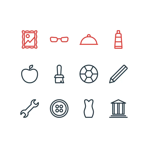 Vektor illusztrációja 12 hobbi ikonok vonal stílus. Szerkeszthető ecset, vendéglátás, alma és egyéb ikon elemek. — Stock Vector