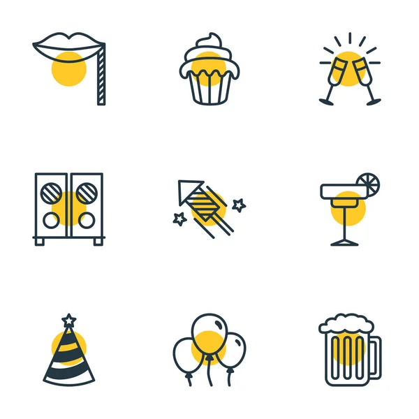 Vektor illusztrációja 9 bankett ikonok vonal stílusban. Borosüveg, tűzijáték, léggömb és egyéb ikonelemek szerkeszthető készlete. — Stock Vector