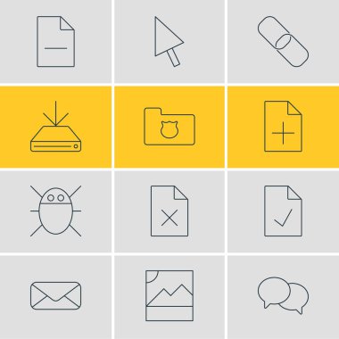 12 İnternet simge çizgisi biçiminin vektör çizimi. Silinebilen belge, korunan dizin, onaylanmış sayfa ve diğer simge ögelerinin düzenlenebilir kümesi.