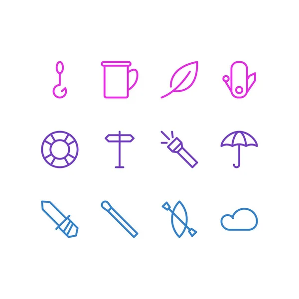 Illustrazione vettoriale di 12 icone del turismo stile linea. Set modificabile di flash, lama, segnaletica e altri elementi icona . — Vettoriale Stock