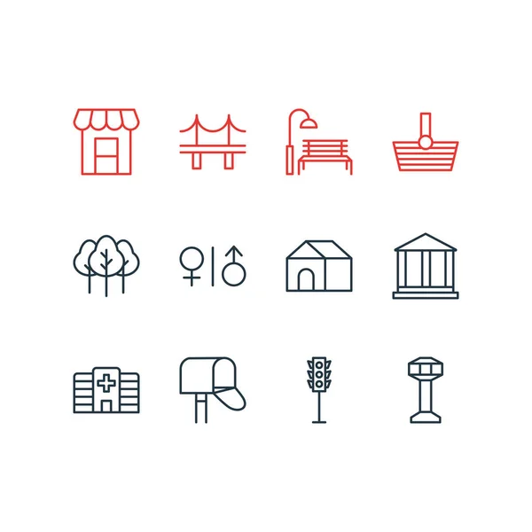 Vektor illusztrációja 12 városi ikonok vonal stílusban. Postafiók, wc, közlekedési lámpa és egyéb ikonelemek szerkeszthető készlete. — Stock Vector