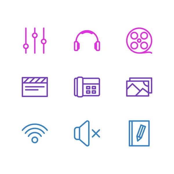 Vector illustration of 9 music icons line style. Editable set of mute, telephone, headphone and other icon elements. — Stock Vector