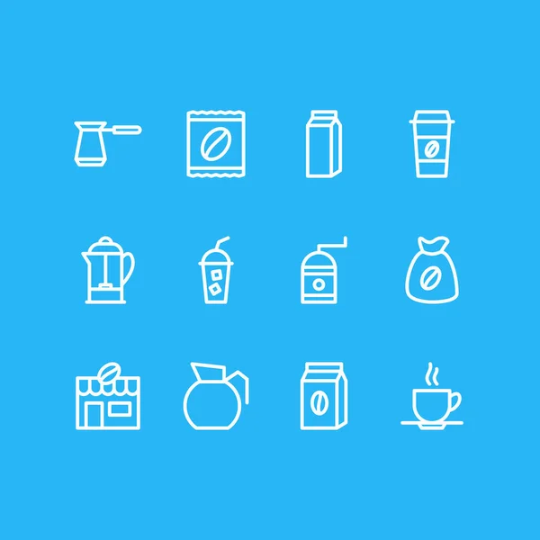 Ilustración vectorial de 12 iconos de java estilo de línea. Conjunto editable de taza de plástico, saco, platillo y otros elementos del icono . — Archivo Imágenes Vectoriales