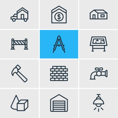 12 mimari simge çizgisi biçiminin vektör illüstrasyonu. Çizim tablosu, lamba, şekiller ve diğer simge ögelerinin düzenlenebilir kümesi.