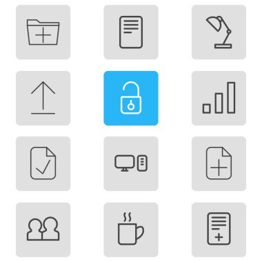 12 ofis simgesi çizgisi biçiminin vektör illüstrasyonu. Düzenlenebilir kahve fincanı seti, onay, yükleme ve diğer simge ögeleri.