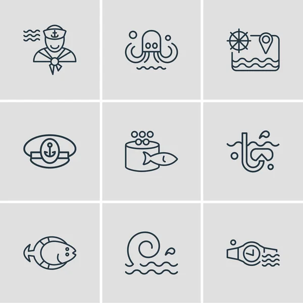 Vektor illusztrációja 9 tengeri ikonok vonal stílusban. Szerkeszthető óceáni, tengeri térkép, lepényhal és egyéb ikonelemek. — Stock Vector