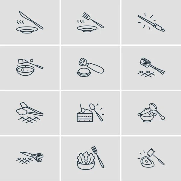 Ilustración vectorial de 12 iconos de cubiertos estilo de línea. Conjunto editable de cuchara de postre, tenedor de cena, tenedor de ensalada y otros elementos del icono . — Vector de stock