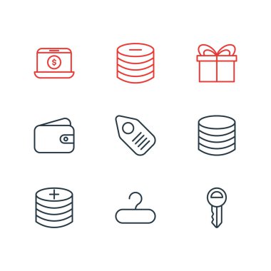 9 ticari simge çizgisi çizimi. Düzenlenebilir hediye, fiyat, ödeme ve diğer simge ögeleri.