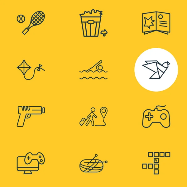 Illustration von 12 Unterhaltungsikonen Linie Stil. Editierbares Set aus Origami, Tennis, Videospiel und anderen Symbolelementen. — Stockfoto