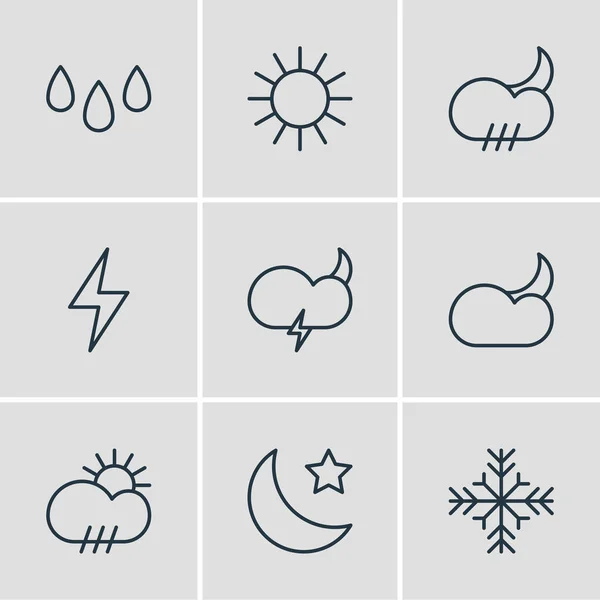 Ilustración de 9 iconos del cielo estilo de línea. Conjunto editable de estrellas, luz solar, tormenta de nieve y otros elementos del icono . —  Fotos de Stock