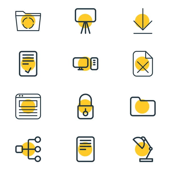 Illustration von 12 Bürosymbolen im Linienstil. Editierbares Set von Löschen, Herunterladen, Computer- und anderen Symbolelementen. — Stockfoto