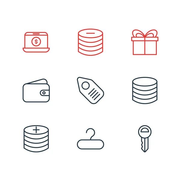 Ilustración de 9 iconos de comercio estilo de línea. Conjunto editable de regalo, precio, pago y otros elementos del icono . — Foto de Stock