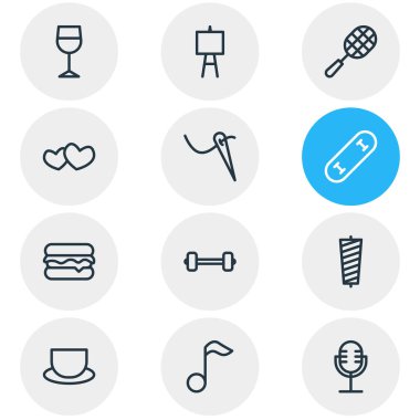 12 hobi simge çizgisi biçiminin vektör illüstrasyonu. Düzenlenebilir dikiş, roket, iğne ve diğer simge ögeleri.