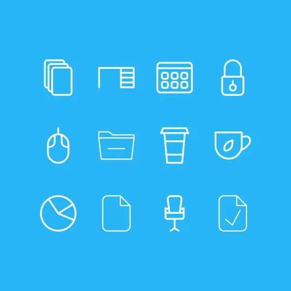 Ilustración vectorial de 12 iconos del lugar de trabajo estilo de línea. Conjunto editable de té, escritorio, candado y otros elementos del icono . — Archivo Imágenes Vectoriales