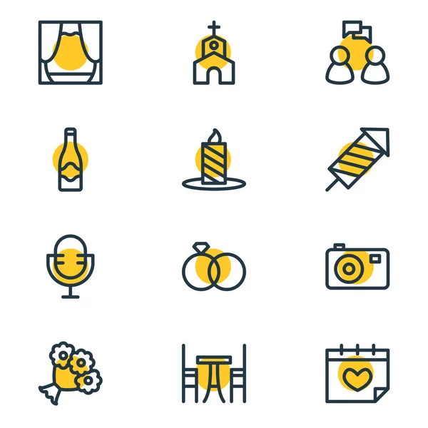 Illustration vectorielle du style de ligne des 12 icônes du parti. Ensemble modifiable de calendrier, église, mariage et autres éléments d'icône . — Image vectorielle