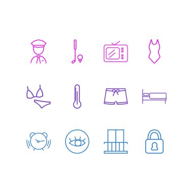 12 tatil simgesi çizgisi biçiminin vektör illüstrasyonu. Düzenlenebilir görüş açısı, güvenli, TV ve diğer simge ögeleri.