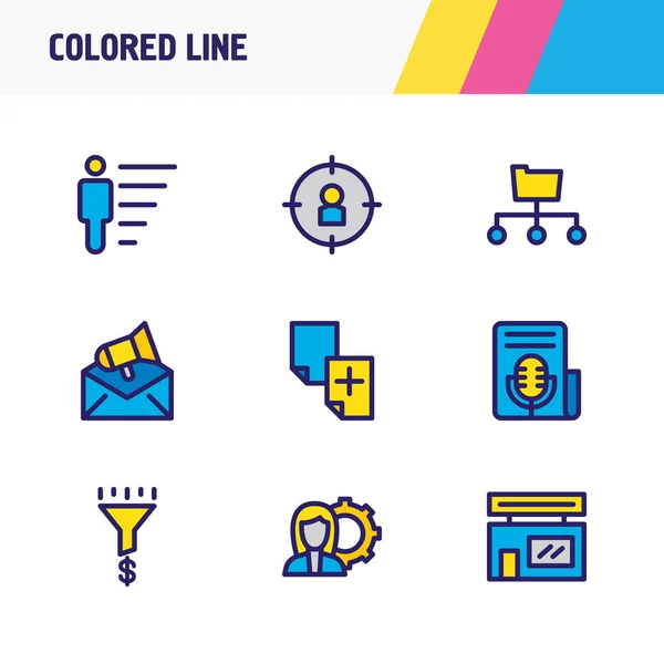 Векторна ілюстрація 9 рекламних піктограм кольорової лінії. Змінити набір дублікатів вмісту, маркетингу електронної пошти, кар'єри та інших елементів піктограм . — стоковий вектор