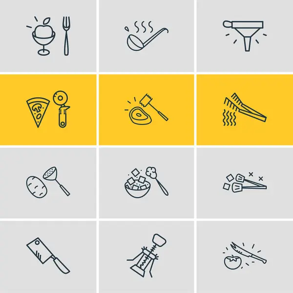 Illustrazione vettoriale di 12 icone utensile stile linea. Set modificabile di forchetta da frutta, schiacciapatate, cucchiaino da zucchero e altri elementi icona . — Vettoriale Stock
