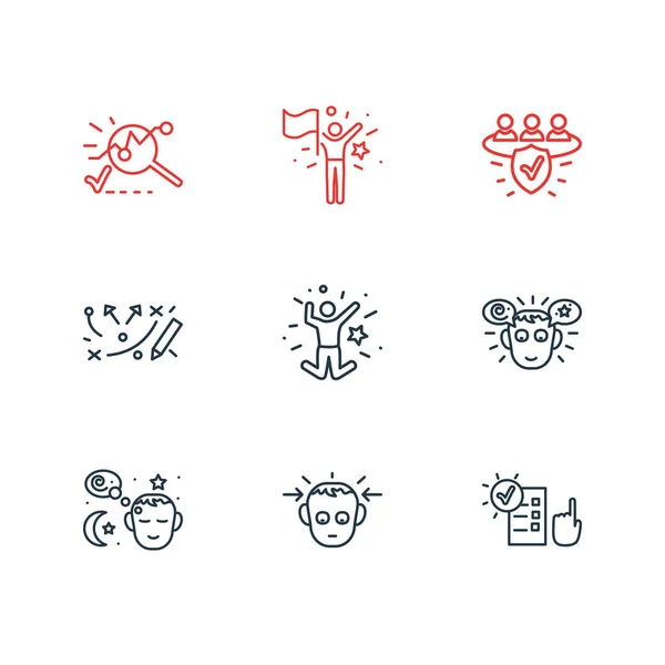 Illustrazione vettoriale di 9 icone emoji stile linea. Set di sogni modificabili, concentrati, analisi e altri elementi iconici . — Vettoriale Stock