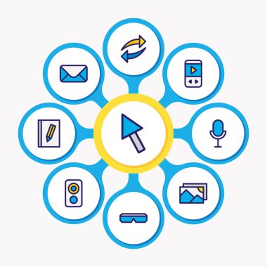 9 müzik simgesinin çizimi renkli çizgi. Düzenlenebilir posta seti, yenilenme, yazma kitabı ve diğer simge ögeleri.