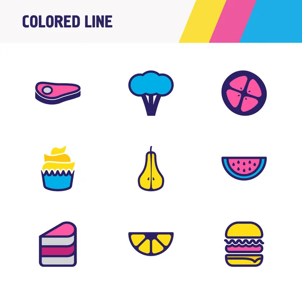 Ilustración de 9 iconos de alimentos línea de color. Conjunto editable de sandía, pastel, bistec y otros elementos del icono . —  Fotos de Stock