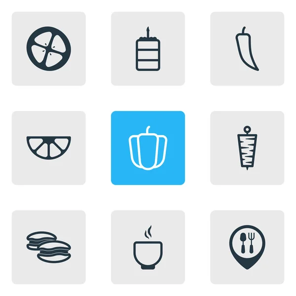 Ilustración de 9 iconos de comida estilo de línea. Conjunto editable de rodajas de limón, sopa, pimiento y otros elementos del icono . —  Fotos de Stock