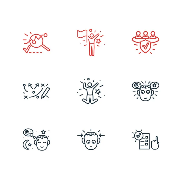 Ilustración de 9 iconos emoticonos estilo de línea. Conjunto editable de sueños, concentrado, análisis y otros elementos del icono . —  Fotos de Stock