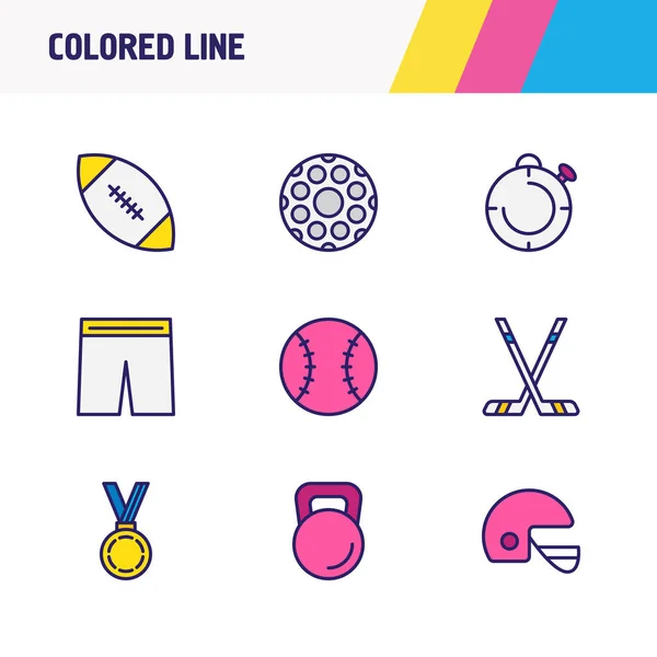 Ilustración de 9 iconos del deporte línea de color. Conjunto editable de pelota de golf, kettlebell, premio y otros elementos del icono . —  Fotos de Stock