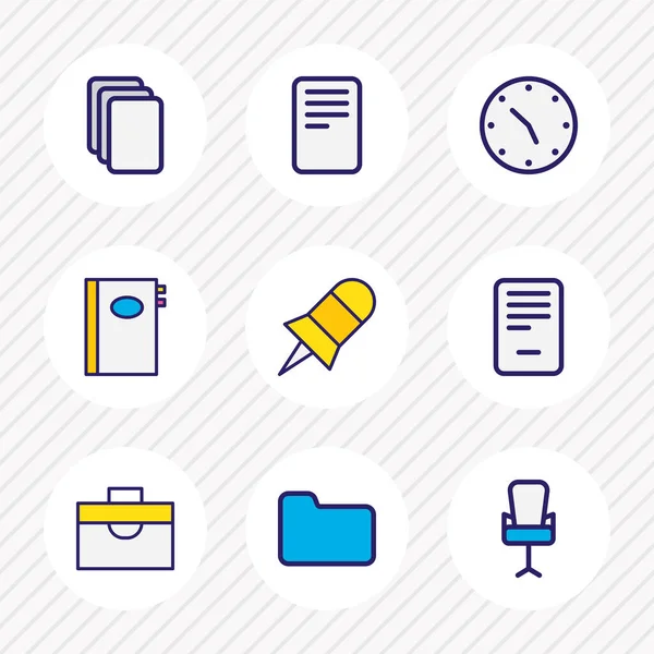 Illustration av 9 arbetsplatsen ikoner färgad linje. Redigerbar uppsättning dokumentfodral, kontorsstol, stift och andra ikonelement. — Stockfoto