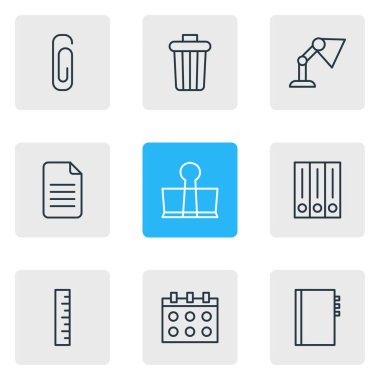 9 enstrüman simgesi çizgi biçiminin vektör illüstrasyonu. Düzenlenebilir kırtasiye, dosya, klip ve diğer simge ögelerinin kümesi.