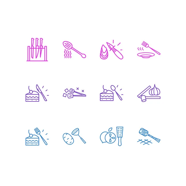 Vektor illusztrációja 12 konyhai ikonok vonal stílus. Szerkeszthető eszterga, fokhagyma prés, burgonya masher és egyéb ikon elemek. — Stock Vector