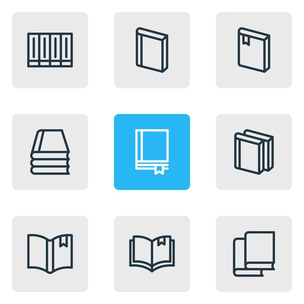 Ilustración vectorial de 9 iconos de lectura estilo línea. Conjunto editable de marcadores, conocimientos, cuadernos y otros elementos del icono . — Vector de stock