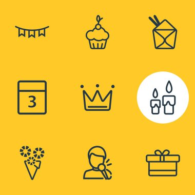 9 olay simgesi çizim biçimi. Düzenlenebilir taç, Çin yemeği, kek ve diğer ikon elementler..