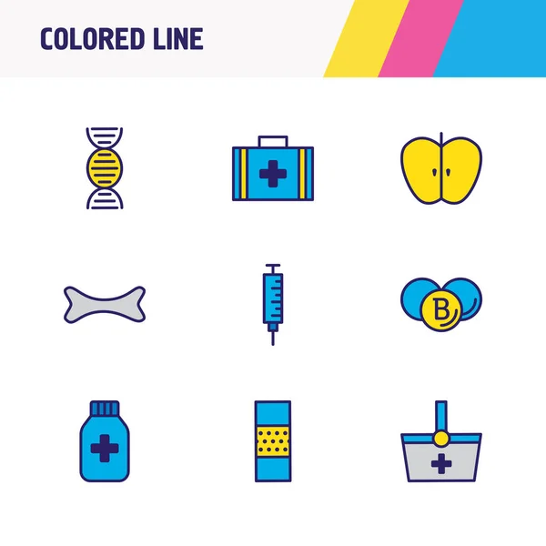 9 tıp ikonunun renkli çizgisi. Düzenlenebilir kemik, DNA, tıbbi vaka ve diğer simge elementleri. — Stok fotoğraf