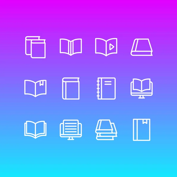 Ilustración de 12 iconos de lectura de libros estilo de línea. Conjunto editable de aprendizaje, revista, lectura de libros y otros elementos del icono . —  Fotos de Stock