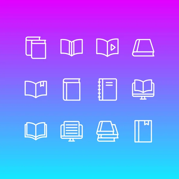 Ilustración vectorial de 12 iconos de lectura de libros estilo línea. Conjunto editable de aprendizaje, revista, lectura de libros y otros elementos del icono . — Vector de stock