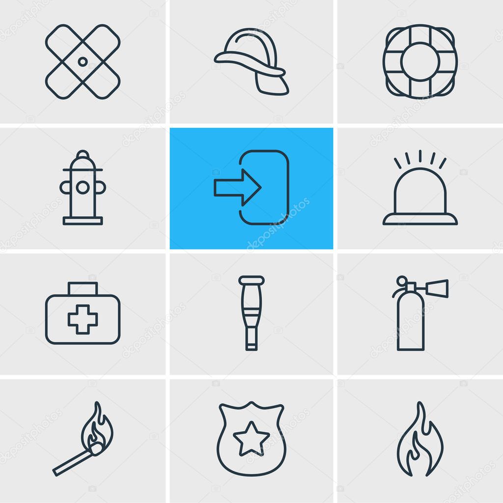 Vector illustration of 12 extra icons line style. Editable set of match, police, crutches and other icon elements.