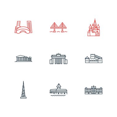 9 tarih simgesi çizim biçimi. Millau Köprüsü, St. Basils Katedrali, Buckingham Sarayı ve diğer simge unsurları..