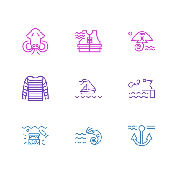 Vektorová ilustrace 9 mořských ikon ve stylu čáry. Upravitelná sada záchranné vesty, potápěčská deska, bohatství a další prvky ikon. — Stockový vektor