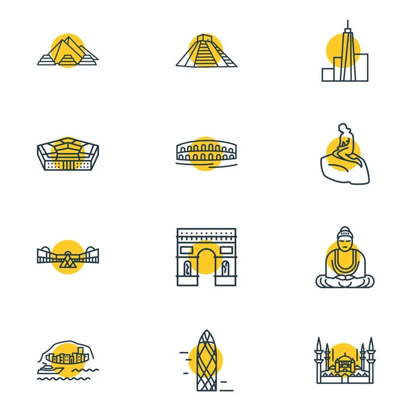 Ilustración de 12 iconos del turismo estilo de línea. Conjunto editable de pentágono, paisaje urbano, el pepinillo y otros elementos del icono . —  Fotos de Stock