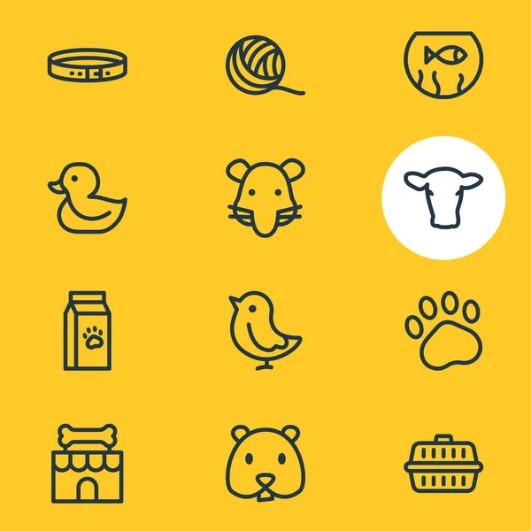 illustration of 12 zoo icons line style. Editable set of cow, transport box, duck and other icon elements.